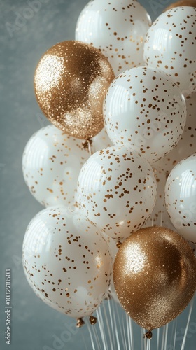 Festive collection of white and gold balloons for a joyful celebration in a p...