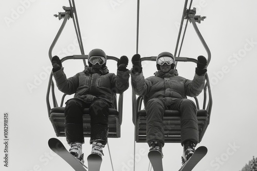 Two snowboarders riding a ski lift on a cloudy day in winter mountains