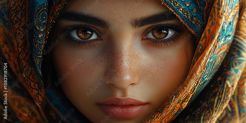 A Young Woman With Striking Features and Captivating Brown Eyes is Wrapped in a Colorful Scarf, Showcasing Her Elegance and Grace in a Close-Up Portrait