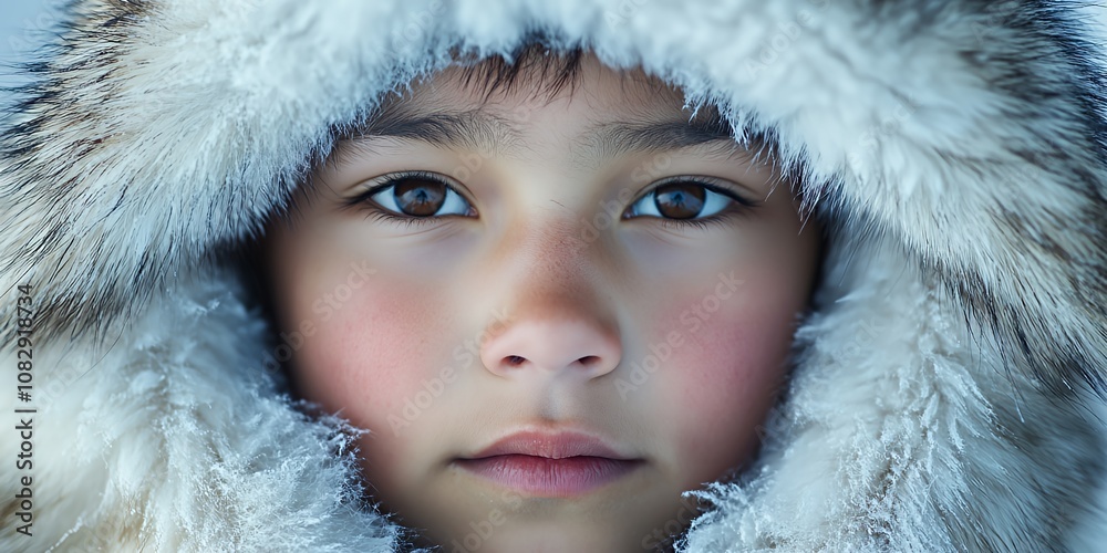 Young Child With Deep Brown Eyes Wearing a Fur-Lined Hooded Coat, Gazing Intently Into the Camera, Captured in a Cold Outdoor Environment During Winter Young Child With Deep Brown Eyes Wearing a Fur-Lined Hooded Coat, Gazing Intently Into the Camera, Captured in a Cold Outdoor Environment During Winter