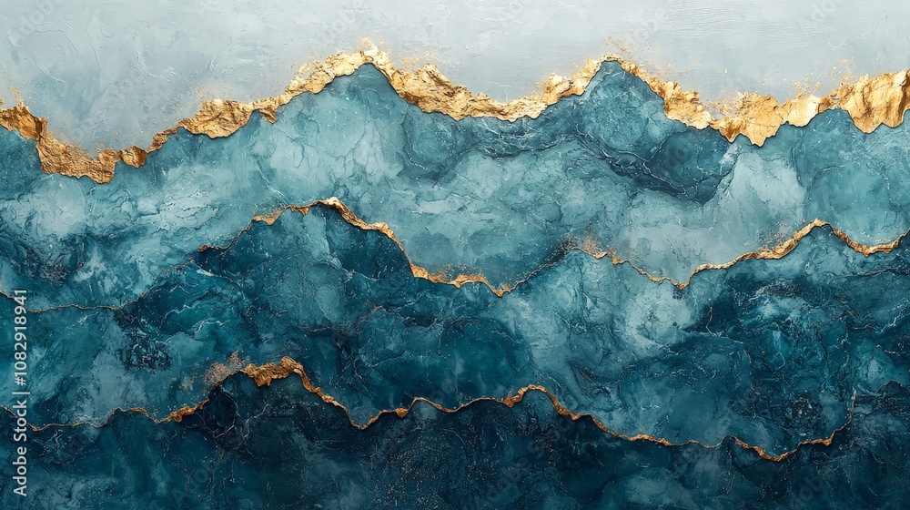 Abstract artwork featuring layered teal waves with gold accents, evoking a sense of tranquility. Abstract artwork featuring layered teal waves with gold accents, evoking a sense of tranquility.