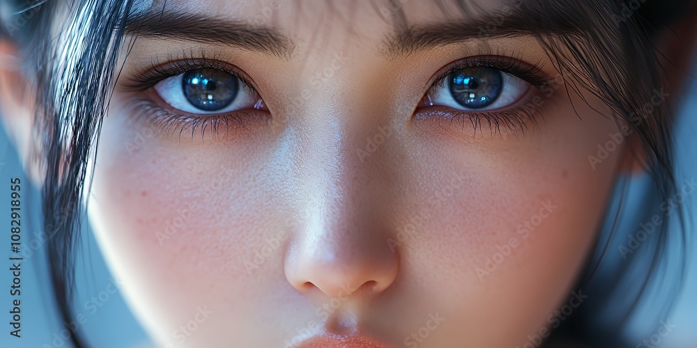Fototapeta premium A Close-Up Portrait of a Young Woman With Striking Blue Eyes Looking Directly Into the Camera, Against a Soft, Blurred Background That Enhances Her Features