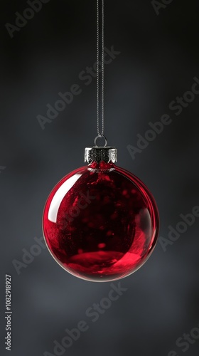 A shiny red Christmas ornament hanging against a dark backdrop during the hol...