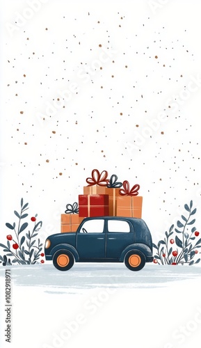 A vintage car with colorful presents surrounded by festive flowers and fallin...