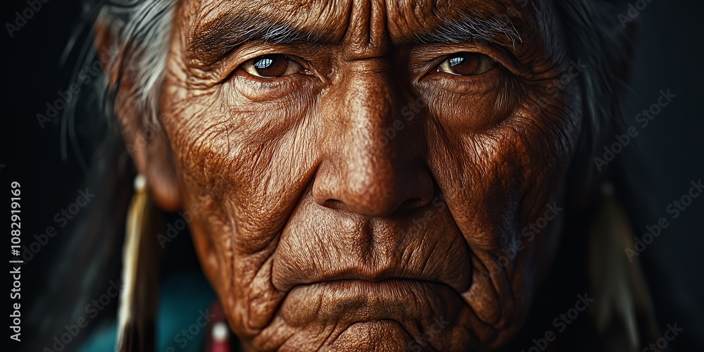 Elderly Native American Man With Deep Wrinkles and Stoic Expression, Showcasing Wisdom and Heritage During a Cultural Gathering in the Early Evening Light Elderly Native American Man With Deep Wrinkles and Stoic Expression, Showcasing Wisdom and Heritage During a Cultural Gathering in the Early Evening Light