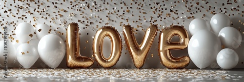 Golden love balloons and white balloons with confetti on a festive background...