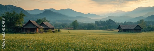 Serene rural landscape with two wooden houses amidst lush green rice fields a...