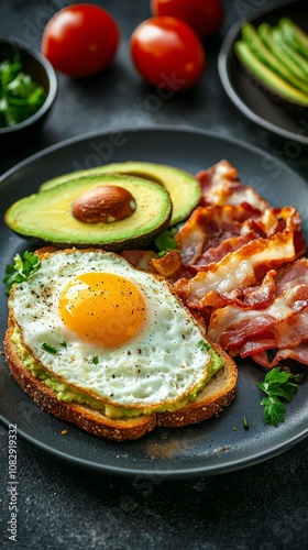 Delicious breakfast featuring avocado toast with eggs and crispy bacon on a d...