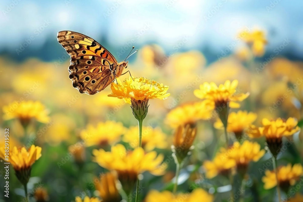 Cheerful yellow Santolina flowers and butterflies in a bright sunny meadow.