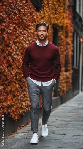 Man in a maroon sweater and gray trousers walking confidently along an ivy co...