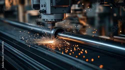 Close-up of CNC laser cutting machine processing metal tube with sparks flying in an industrial workshop setting.