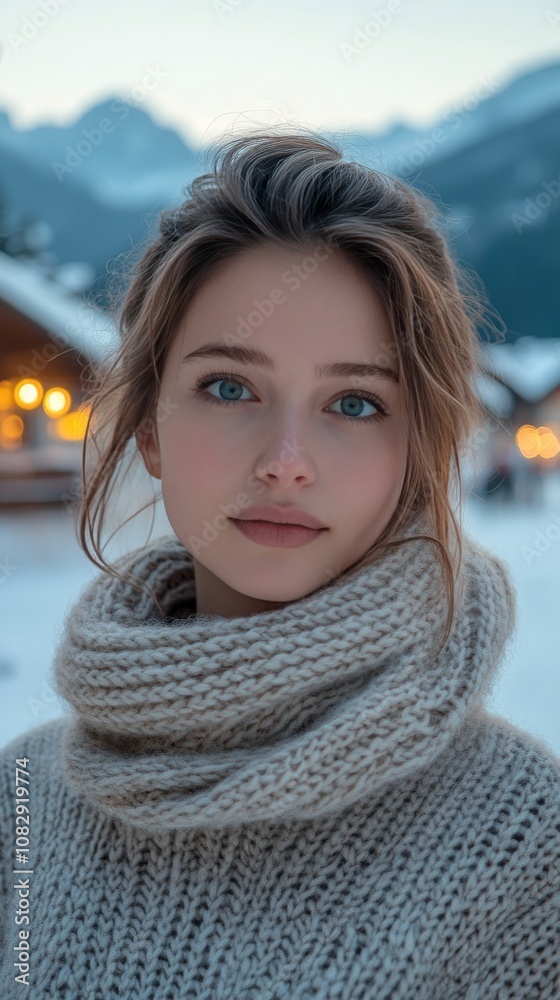 A young woman enjoys winter in a cozy sweater and scarf against a snowy backdrop at dusk A young woman enjoys winter in a cozy sweater and scarf against a snowy backdrop at dusk