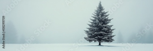 Lonely evergreen tree stands in a snowy field surrounded by fog on a winter day