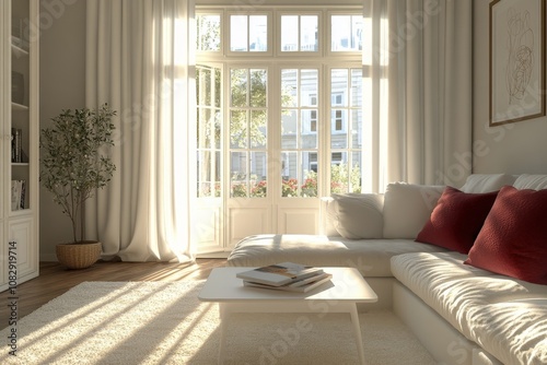 Bright and inviting living room with large windows and cozy furnishings in a ...