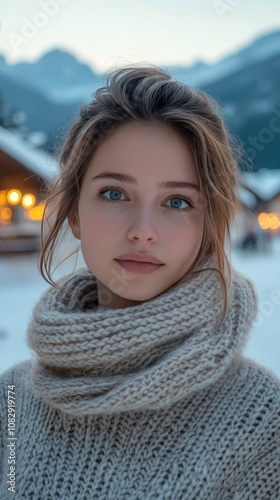 A young woman enjoys winter in a cozy sweater and scarf against a snowy backd...