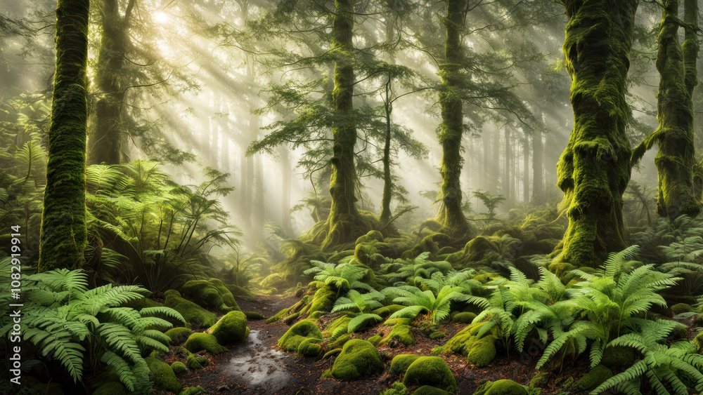 Sunbeams pierce through a misty forest, illuminating a lush green path with ferns and moss-covered trees. Sunbeams pierce through a misty forest, illuminating a lush green path with ferns and moss-covered trees.
