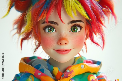 A young woman with colorful hair and bright makeup smiles cheerfully in a stu...