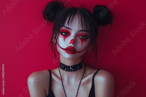 A dramatic portrait of a woman with unique makeup showcasing a striking red a...