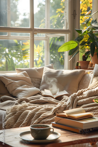 Tranquil Afternoon: Serene Living Room with Relaxing Napper, Comforting Ambiance, and Natural Light photo