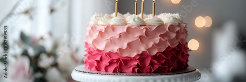 Elegant pink ruffled cake with candles displayed on a cake stand in a cozy se...