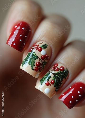 Creative holiday nail art design featuring festive colors and decorations for...