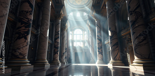 detailed majestic palace, towering marble pillars, impressive grand entrance,