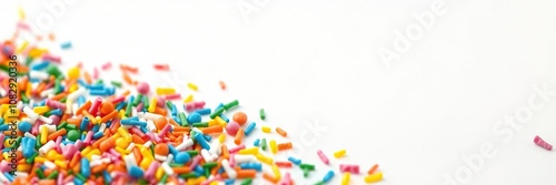 A close-up shot of a colorful candy sprinkle scattered on a white or light-colored background, showcasing its vibrant colors and intricate design, sweet treat, candy, decoration