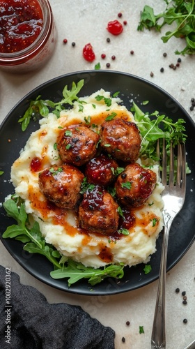 Hearty meatballs served over creamy mashed potatoes with fresh greens and sav...