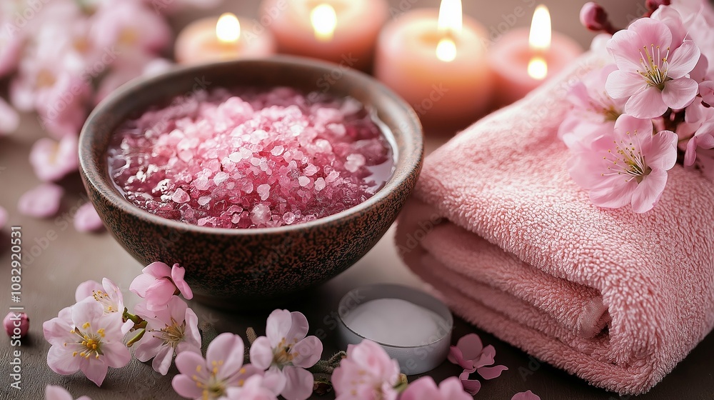 Spa setting with cherry flower, salt in bowl, candle, Spa setting with cherry flower, salt in bowl, candle,