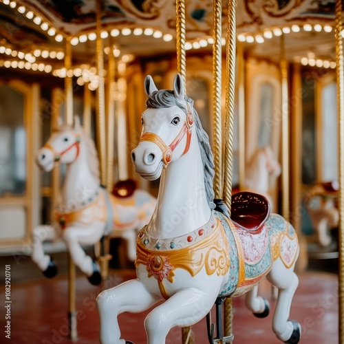 A white carousel horse with a red saddle and gold accents, part of a carousel with other horses in the background. photo