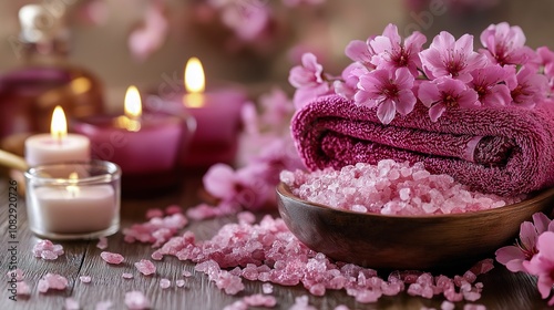 Spa setting with cherry flower, salt in bowl, candle, photo