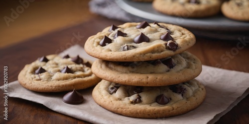 Chocolate chip cookies stacked on parchment paper, homemade style