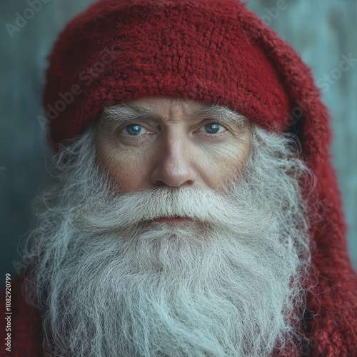 Older man in red hooded coat with white beard