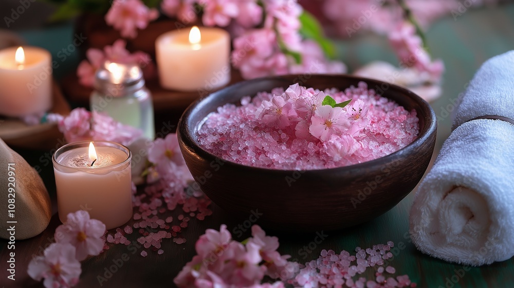 Spa setting with cherry flower, salt in bowl, candle, Spa setting with cherry flower, salt in bowl, candle,