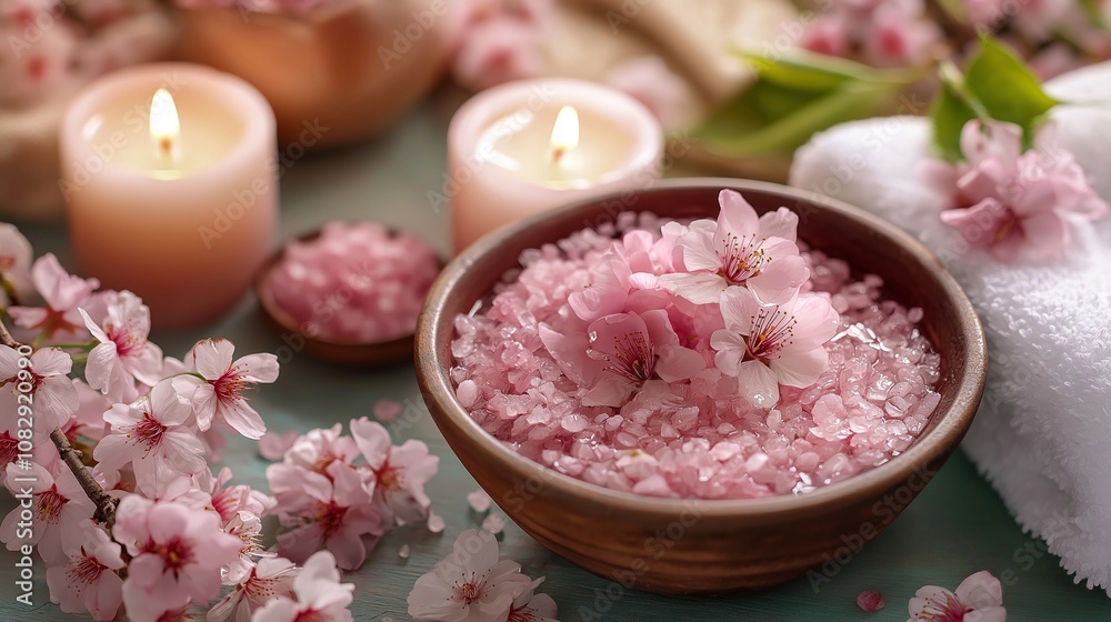 Spa setting with cherry flower, salt in bowl, candle, Spa setting with cherry flower, salt in bowl, candle,