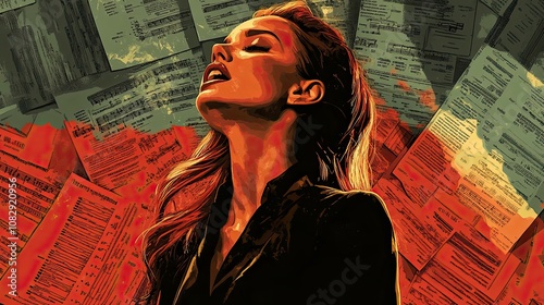 A woman with long red hair and closed eyes is surrounded by pages of sheet music in shades of red and green.  Her face is contorted in a passionate expression.  Her black shirt is visible against the