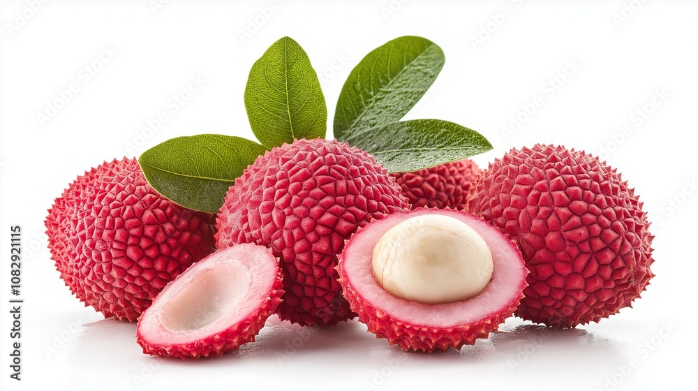 Asian fruit lychee heap isolated, Freshly picked Litchi fruits with green wet leaves Asian fruit lychee heap isolated, Freshly picked Litchi fruits with green wet leaves