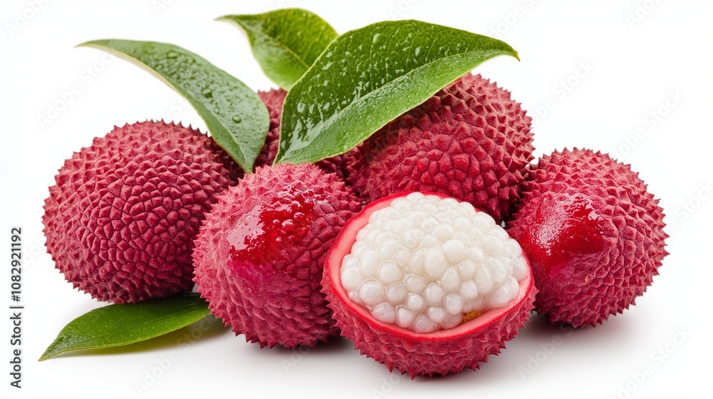 Asian fruit lychee heap isolated, Freshly picked Litchi fruits with green wet leaves Asian fruit lychee heap isolated, Freshly picked Litchi fruits with green wet leaves