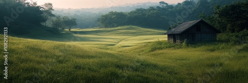 Serene rural landscape with two wooden houses amidst lush green rice fields a...