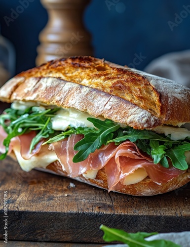 Tasty sandwich with prosciutto, mozzarella, and fresh arugula on grilled ciab...