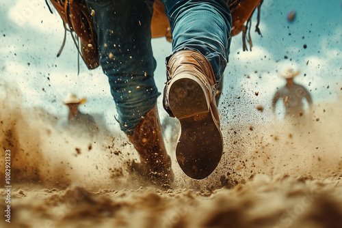 Dust rises as rodeo riders charge into action at a lively summer event photo