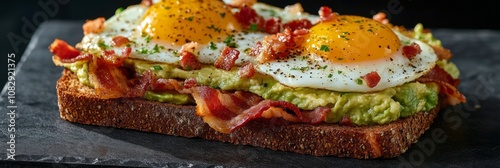Delicious bacon and eggs served on toasted bread with avocado spread in a dar...