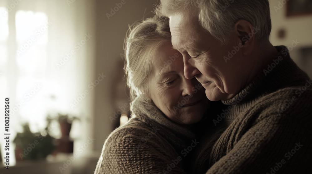 Elderly couple embracing a look of both sadness and memories Elderly couple embracing a look of both sadness and memories