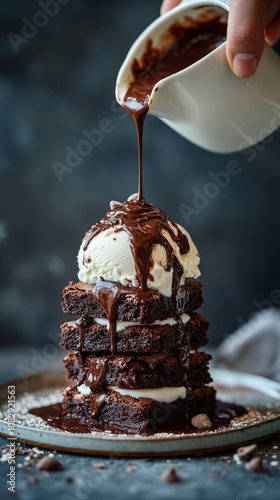 Decadent dessert tower with brownies and ice cream drizzled with chocolate sauce