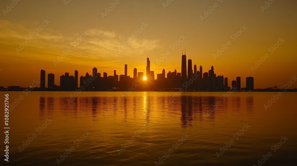 Obraz premium Chicago Skyline Sunset Reflection Over Lake Michigan