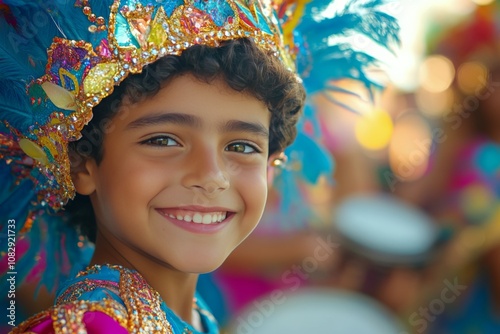 A young boy smiles brightly while dressed in a colorful carnival costume, hol...