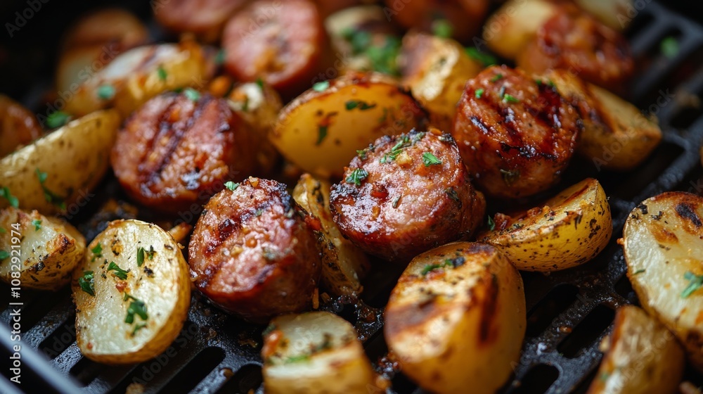 Grilled sausage and potatoes with herbs prepared on an outdoor barbecue grill during summer Grilled sausage and potatoes with herbs prepared on an outdoor barbecue grill during summer