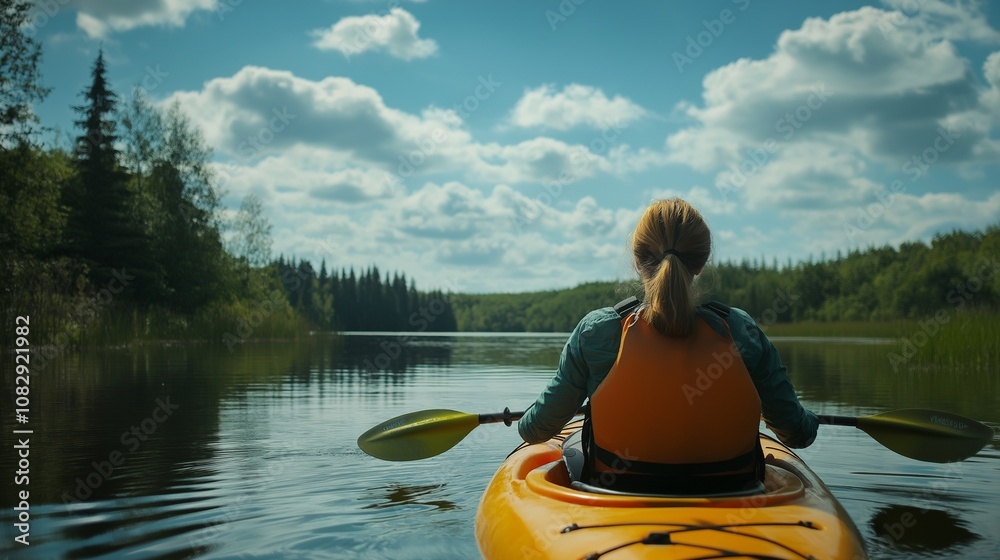 Beautiful amazing nature landscape. Kayak trip. Woman floating on a kayak Beautiful amazing nature landscape. Kayak trip. Woman floating on a kayak