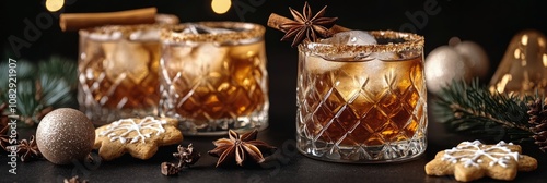 Festive cocktails with holiday decorations and spices served on a dark table