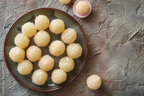 Sweet Coconut Ladoo with Sesame Topping – Traditional Indian Dessert Balls on a Textured Rustic Background

 photo